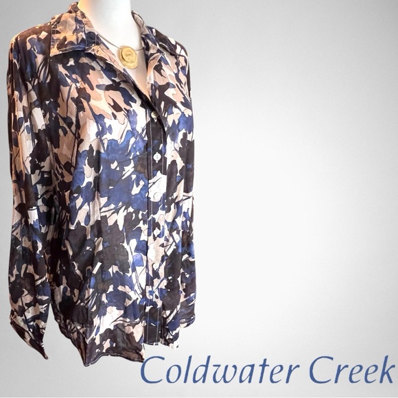 Coldwater Creek Blue and Black Graphic Button Down Shirt Sz Large (14-16) - Picture 1 of 7